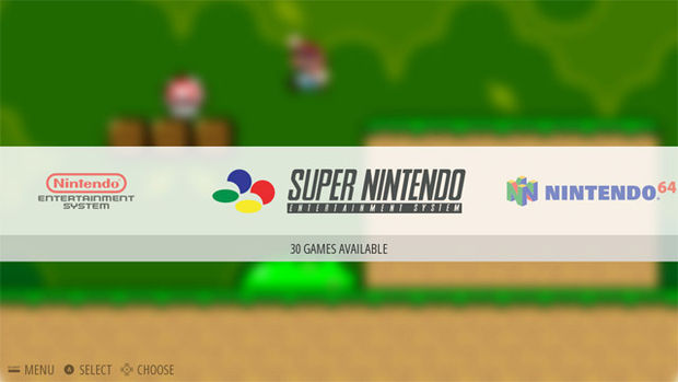 Tela da interface do RetroPie com o sistema Super Nintendo selecionado e Super Mario ao fundo