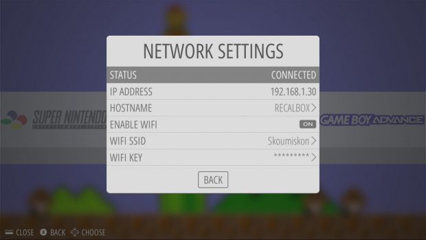 Tela do sistema RecalBox mostrando as opções de configuração de rede